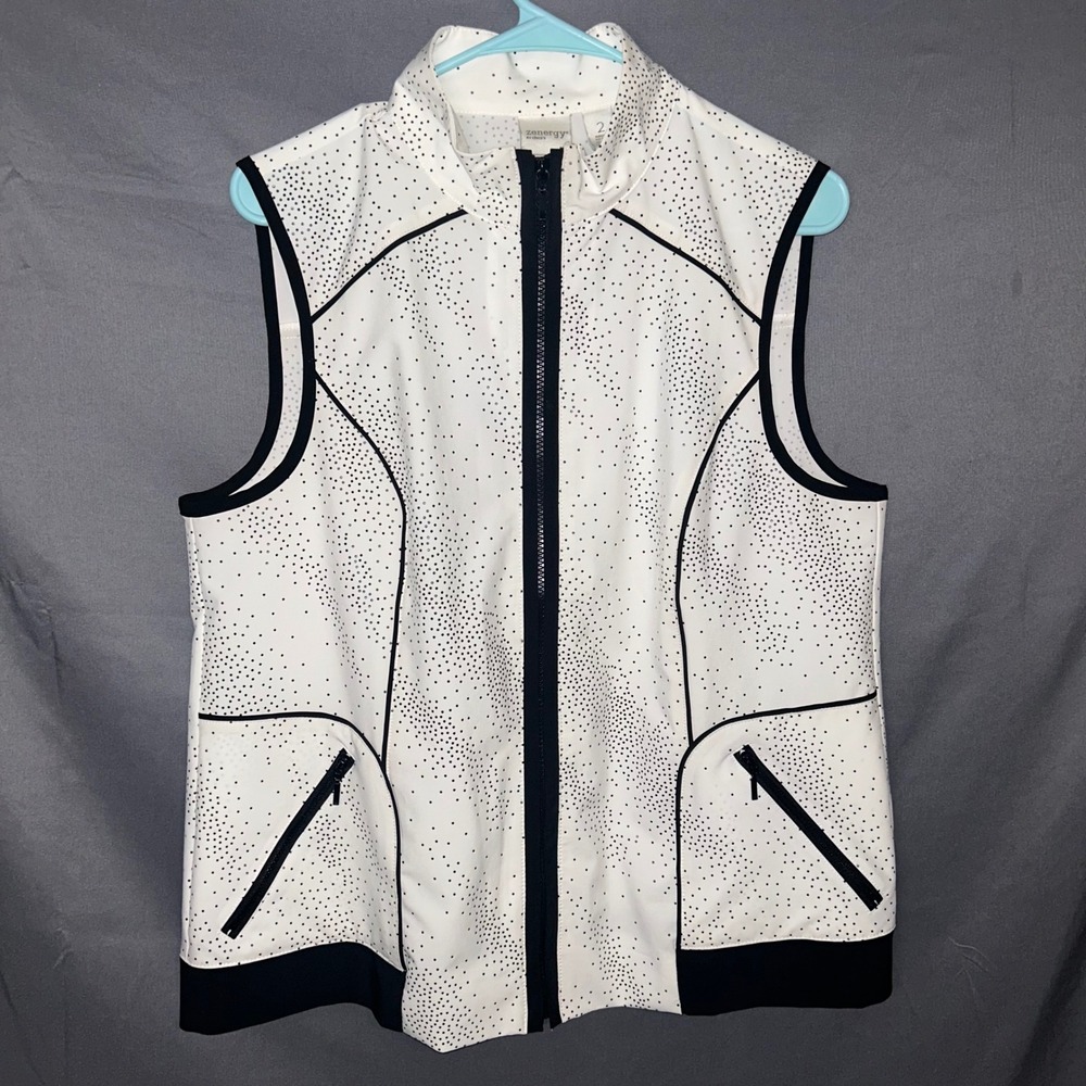 Zenergy by Chicos Womens Size 2 White Black Micro Dot Full Zip Mock Neck Vest